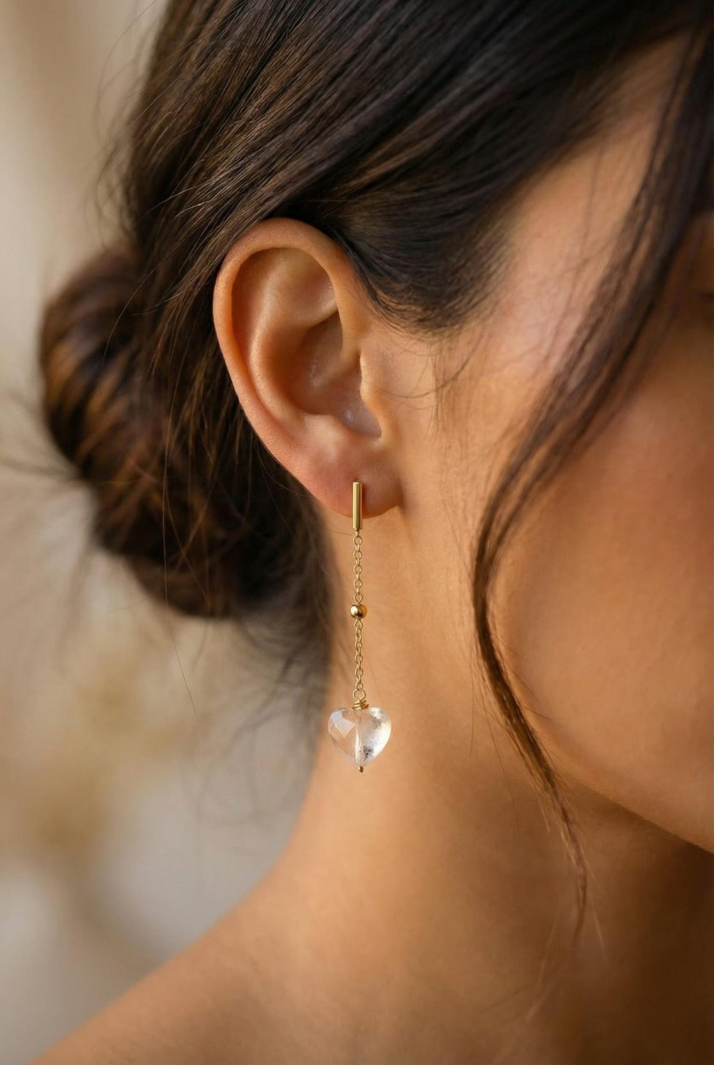Dainty Earrings, Hearts earrings, Chain Minimalist Earring, Dropping Earrings, Dainty Gold Earrings, Drop Clear Quartz Earrings For her