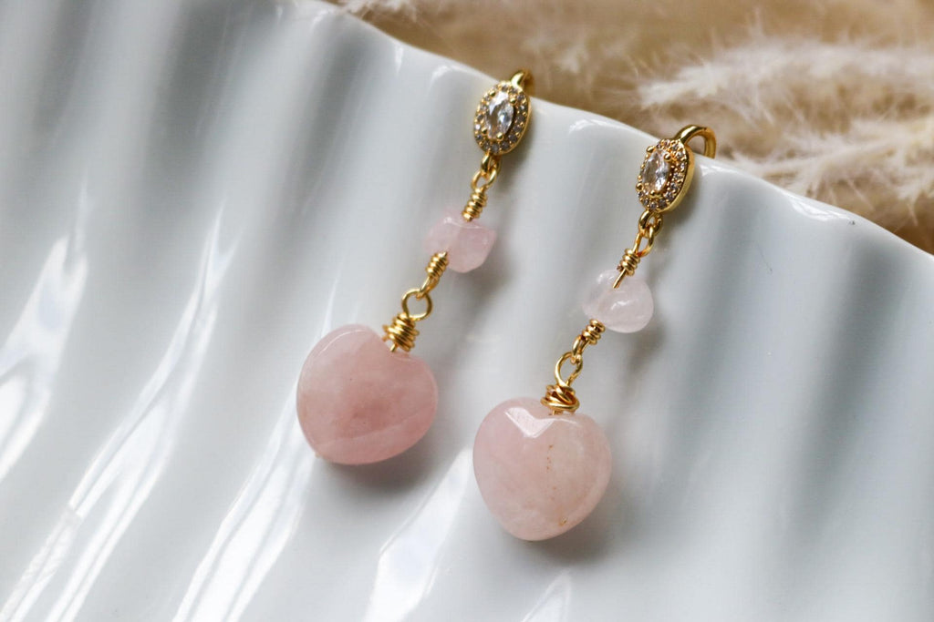 Natural Rose Quartz Dangle Earrings, Rose Quartz Drop Earrings, Dainty Earrings, Rose Quartz Heart Earrings, Minimalist Earrings, Hers Gift