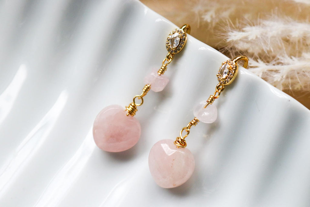 Natural Rose Quartz Dangle Earrings, Rose Quartz Drop Earrings, Dainty Earrings, Rose Quartz Heart Earrings, Minimalist Earrings, Hers Gift