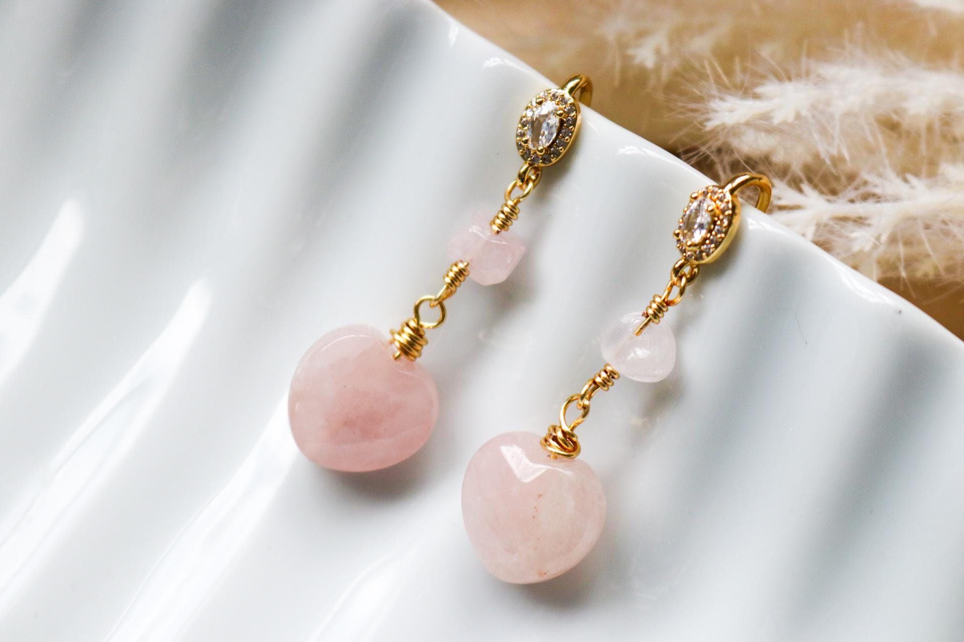 Natural Rose Quartz Dangle Earrings, Rose Quartz Drop Earrings, Dainty Earrings, Rose Quartz Heart Earrings, Minimalist Earrings, Hers Gift