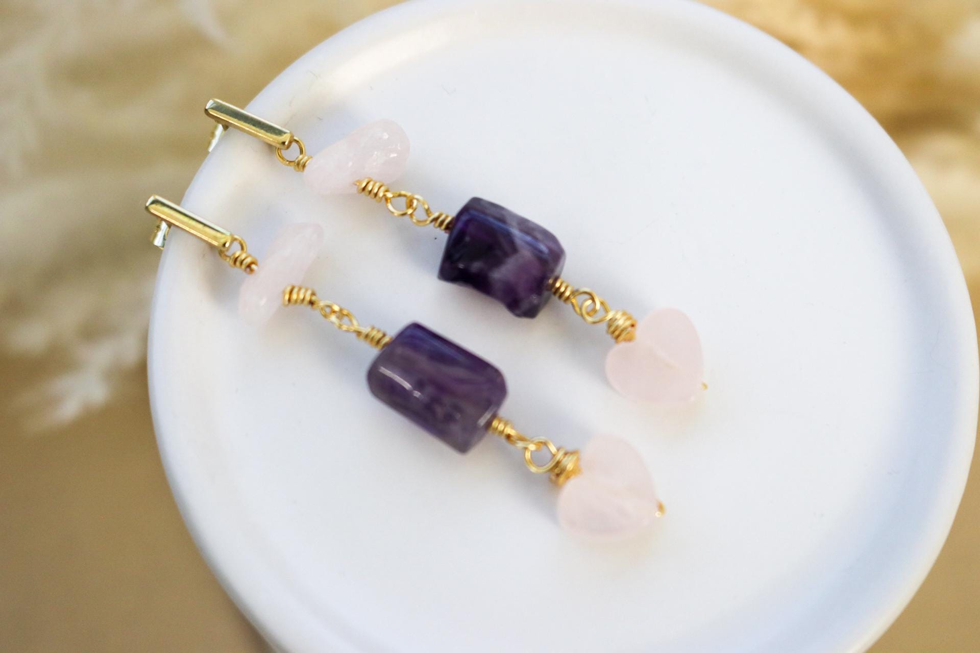 Dainty Amethyst drop and Raw Rose Quartz Earring, Amethyst February Birthstone, Dainty gold Earrings, Earring Minimalistic Huggie Hers Gift