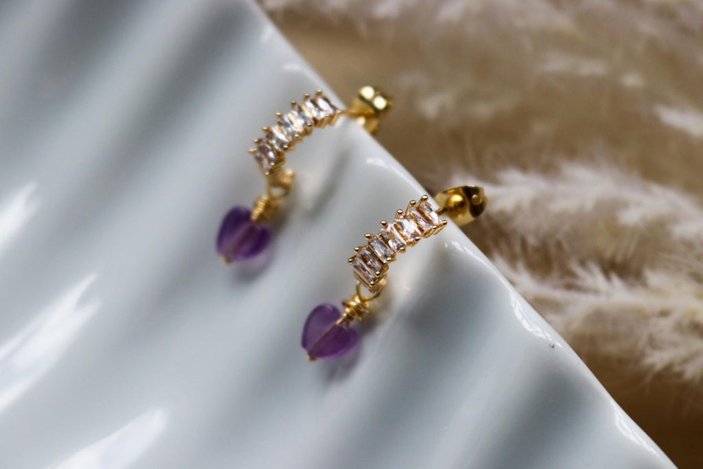Amethyst Heart Earrings, Minimalistic earrings, Valentins earrings, gifted birthday, bridesmaide gift, anniversary giftful, giftful earrings