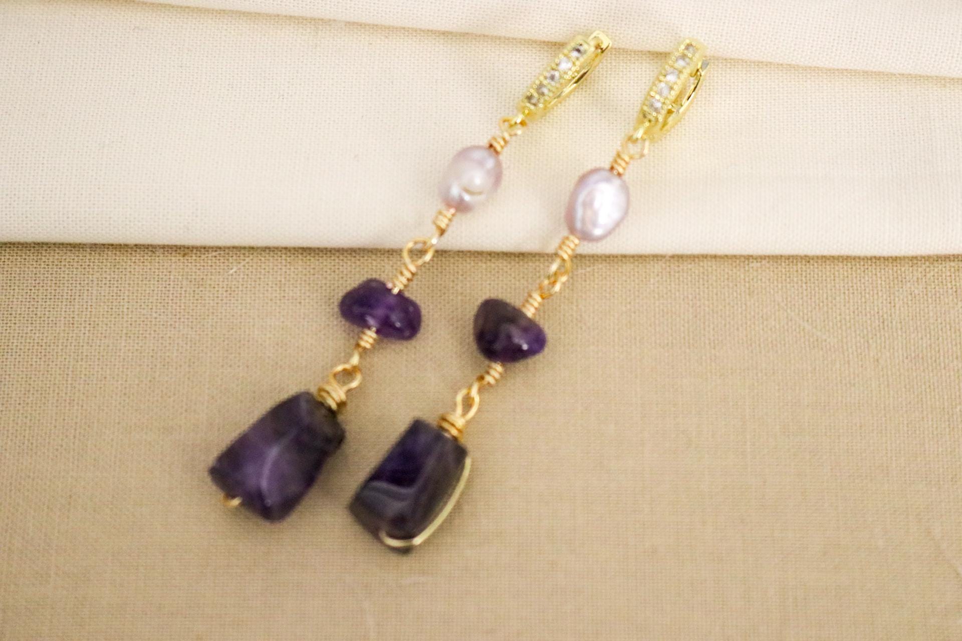 Amethyst & Pearl Hoop Earrings, Dainty Hoop Earring, Natural Freshwater Pearl Earring, Dainty gold earrings, Earring Minimalistic, Hers Gift