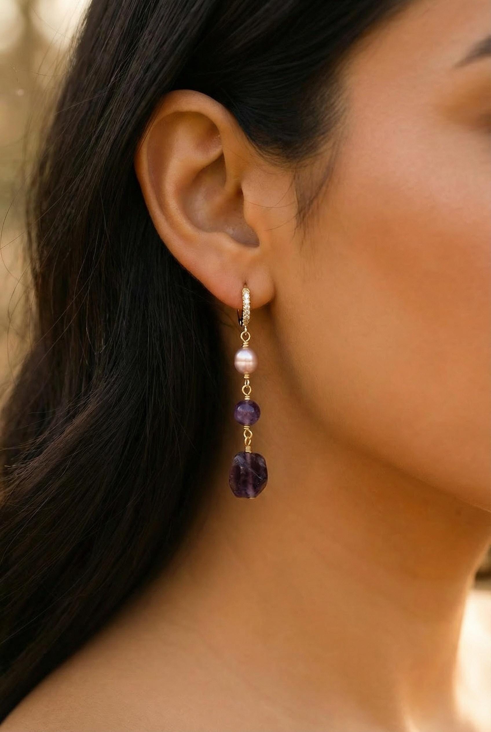 Amethyst & Pearl Hoop Earrings, Dainty Hoop Earring, Natural Freshwater Pearl Earring, Dainty gold earrings, Earring Minimalistic, Hers Gift