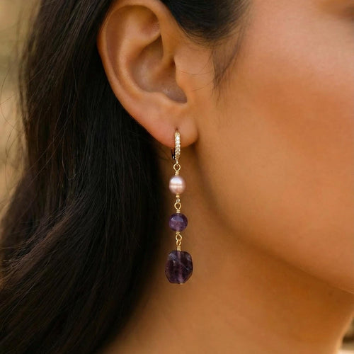 Amethyst & Pearl Hoop Earrings, Dainty Hoop Earring, Natural Freshwater Pearl Earring, Dainty gold earrings, Earring Minimalistic, Hers Gift