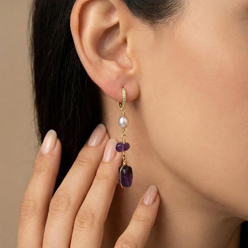 Amethyst & Pearl Hoop Earrings, Dainty Hoop Earring, Natural Freshwater Pearl Earring, Dainty gold earrings, Earring Minimalistic, Hers Gift