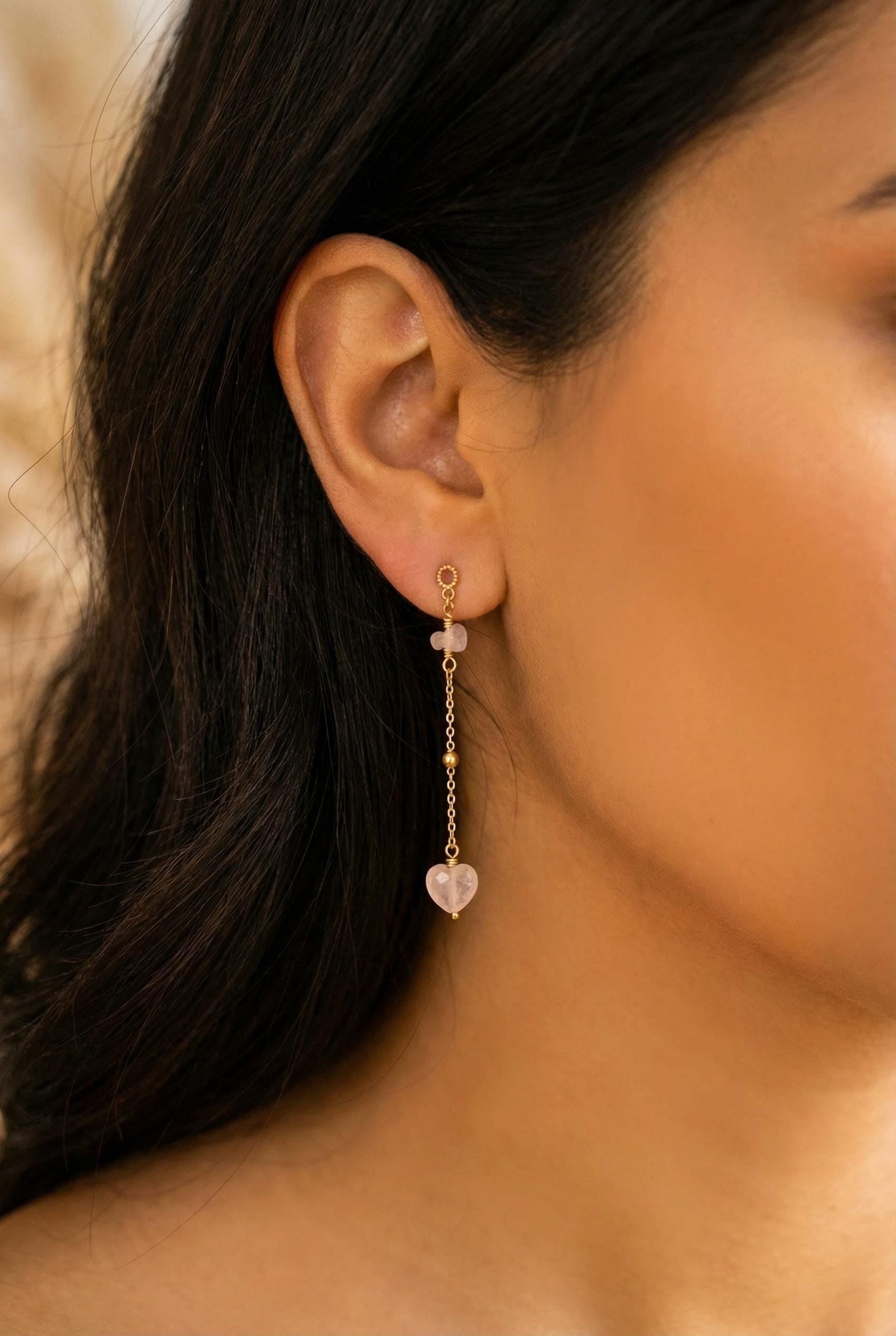 Natural Rose Quartz Dangle Earrings, Minimaliste Earrings, Stacking Earrings, Dainty Earrings, Chain Earrings, Birthstone Huggies, Hers Gift