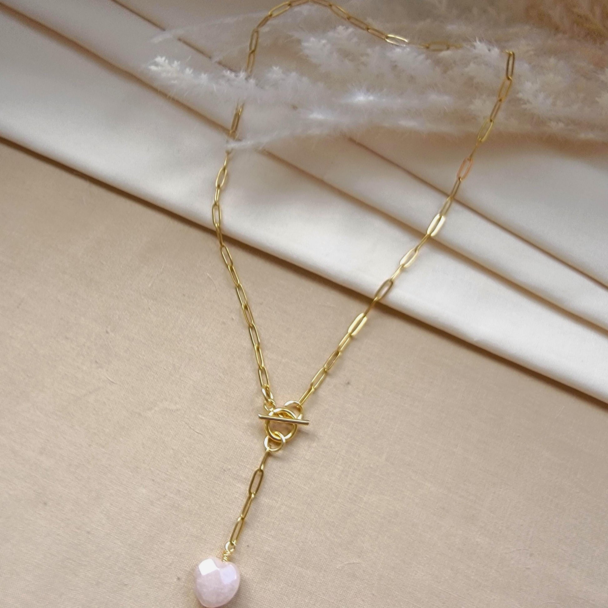 Dainty Rose quartz necklace, Thin Gold Chain, Layered Chains, Minimalist necklace, Genuine rose quartz, Toggle necklace,Gold Paperclip Chain
