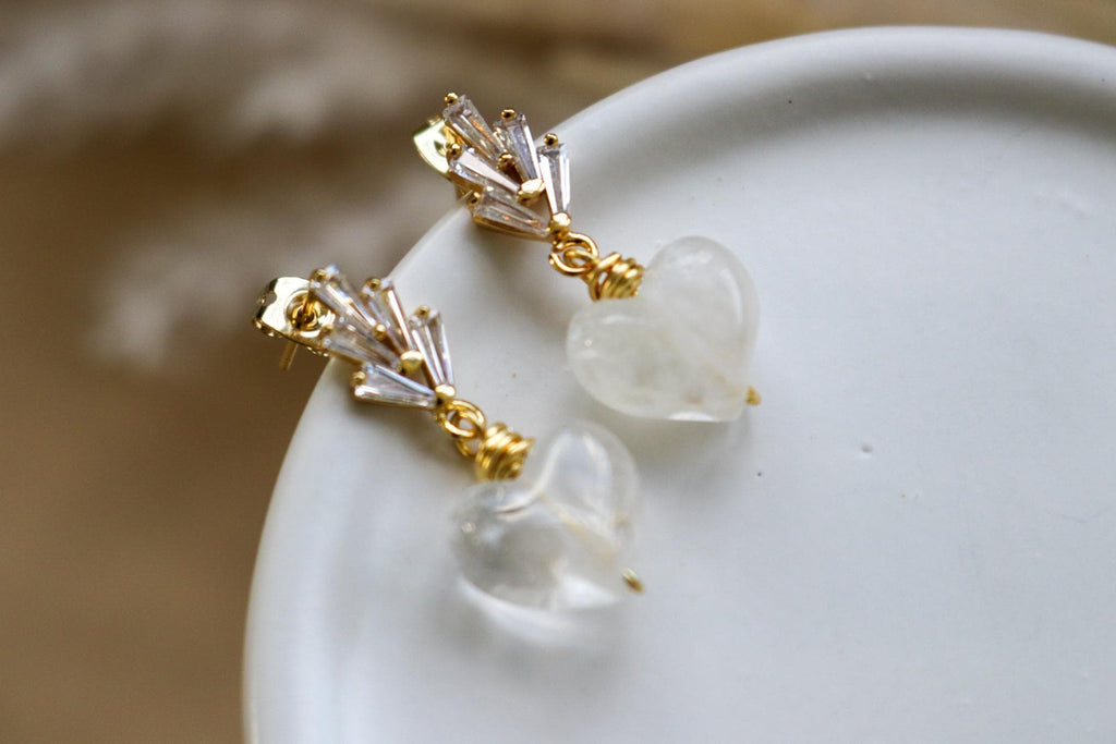 Dainty Earrings, Hearts earrings, Minimalist Earring, Dropping Earrings, Dainty Gold Earrings, Drop Clear Quartz Earrings, Gifts For-Her