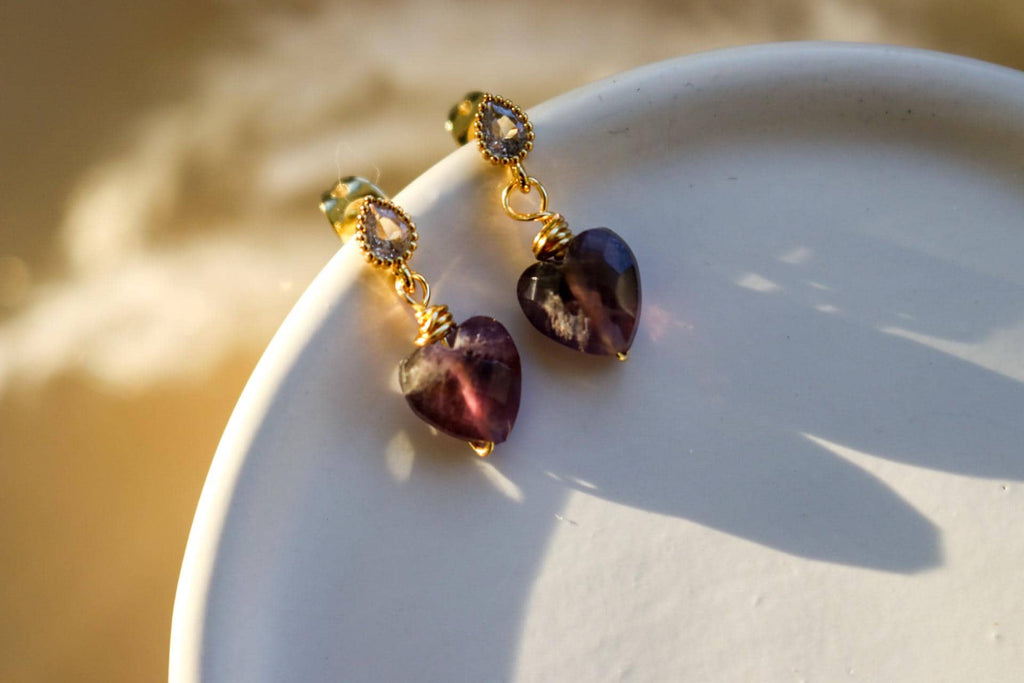 Dainty Earrings, Amethyst Heart Earrings, Tini earrings, Gold Earring Small, Minimalistic earrings, Valentins earrings, Huggie Earrings