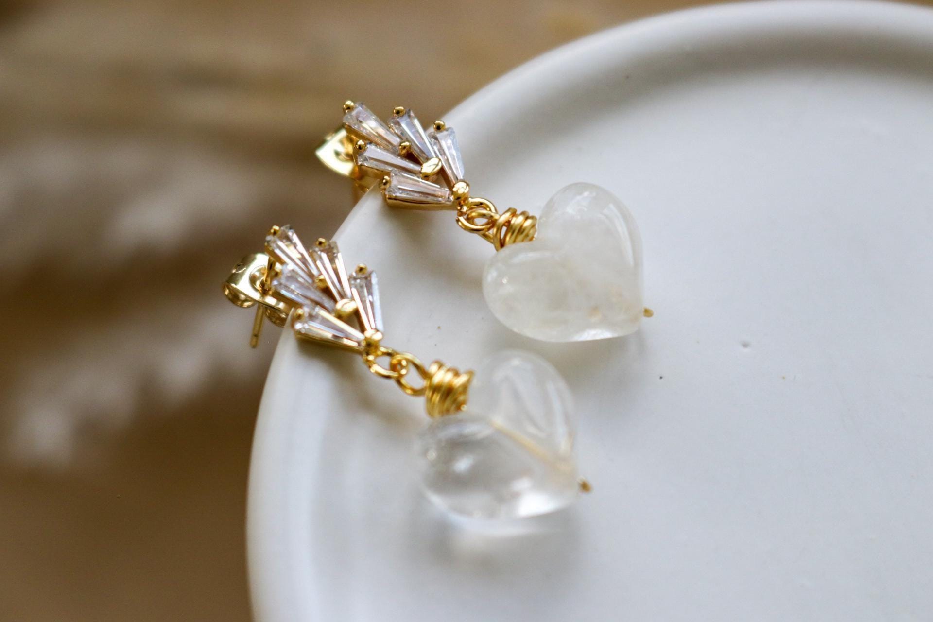 Dainty Earrings, Hearts earrings, Minimalist Earring, Dropping Earrings, Dainty Gold Earrings, Drop Clear Quartz Earrings, Gifts For-Her