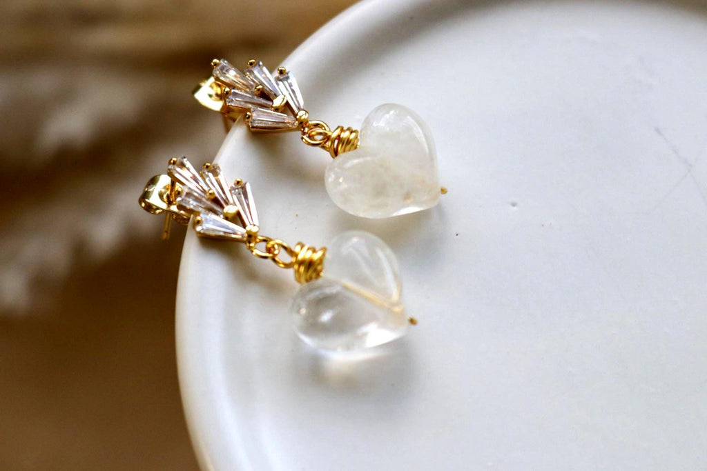 Dainty Earrings, Hearts earrings, Minimalist Earring, Dropping Earrings, Dainty Gold Earrings, Drop Clear Quartz Earrings, Gifts For-Her