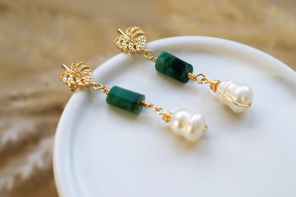 Natural Emerald Earrings, Freshwater Pearl drop earrings, Dainty Earrings, Stacking Earrings, Gemstone Earrings, May Birthstone, Hers Gift