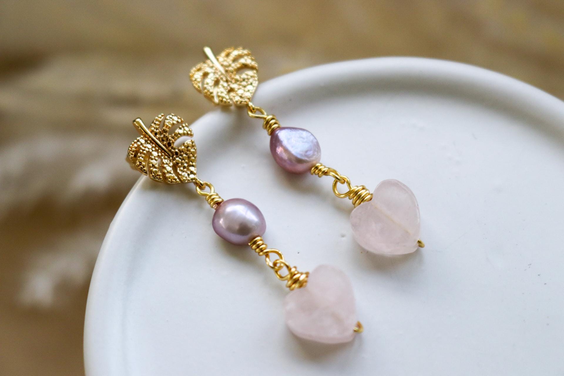 Natural Freshwater pearl Dangle Earrings, Pearl Drop Earrings, Dainty Earrings, Rose Quartz Heart Earrings, Minimalist Earrings, Hers Gift