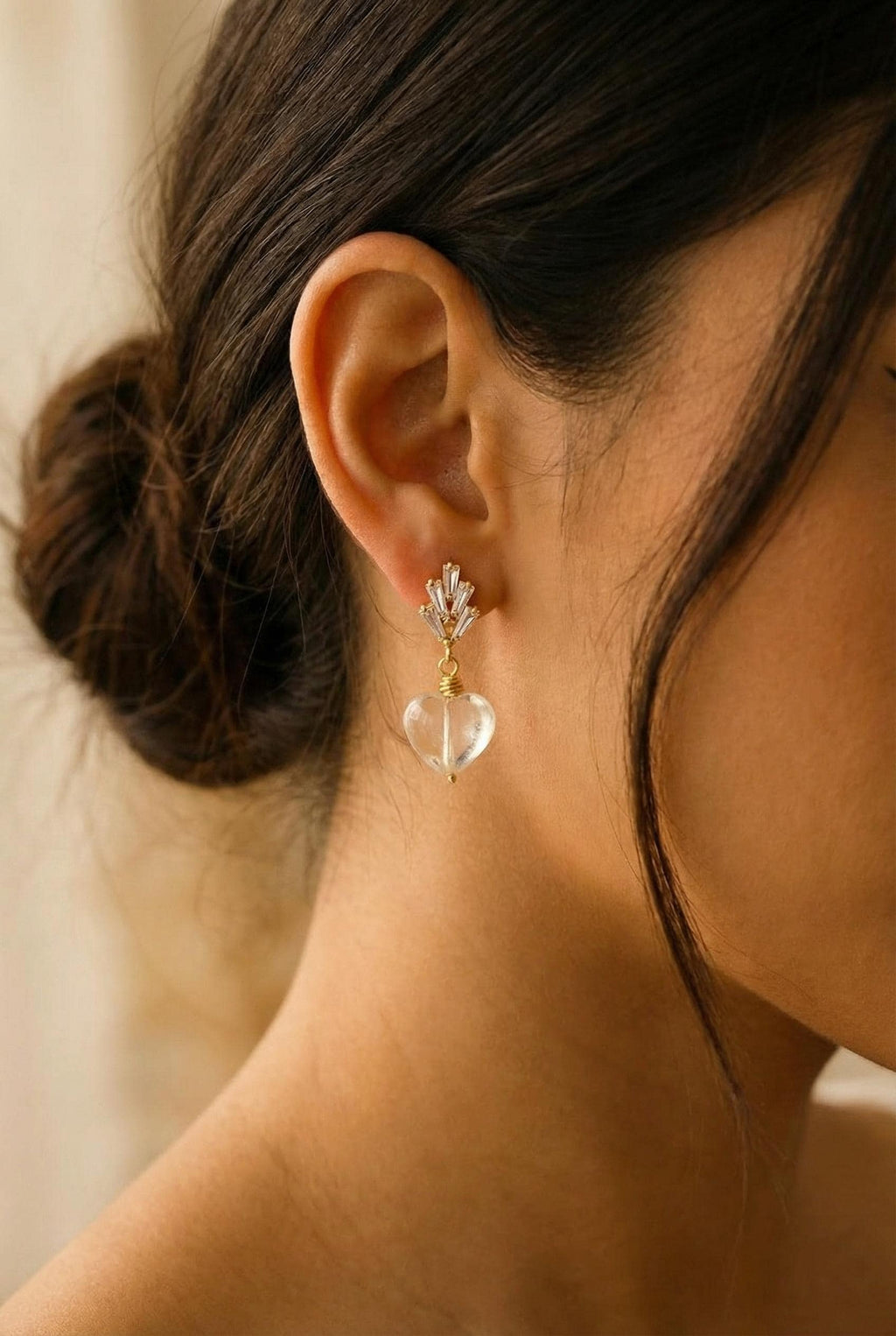 Dainty Earrings, Hearts earrings, Minimalist Earring, Dropping Earrings, Dainty Gold Earrings, Drop Clear Quartz Earrings, Gifts For-Her
