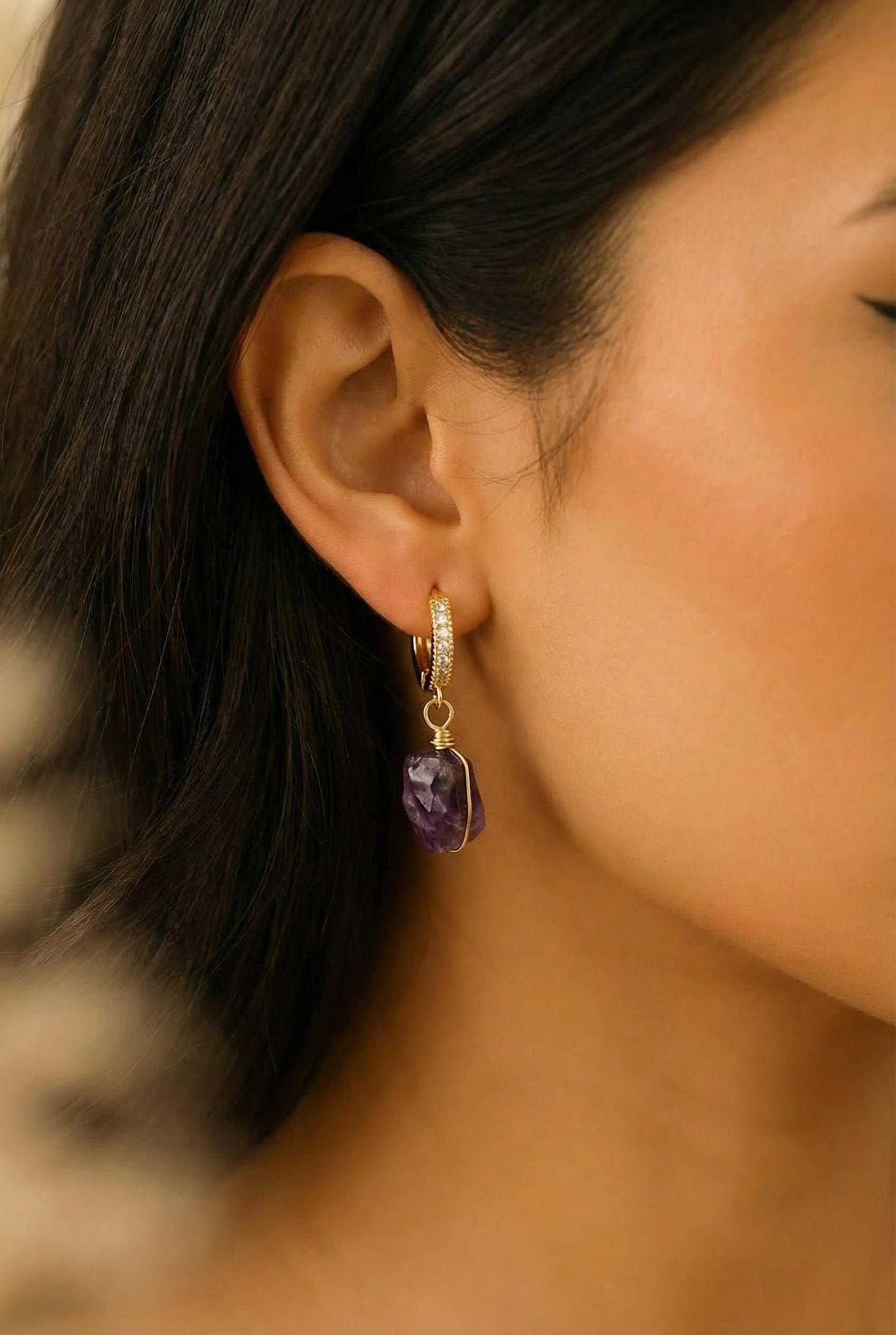 Amethyst hoop earrings, Hoop Dainty Earring, Tiny hoop earrings, Amethyst Huggie Hoop Earrings, Hoop Mini Earring, Gemstone hoops, Hers Gift