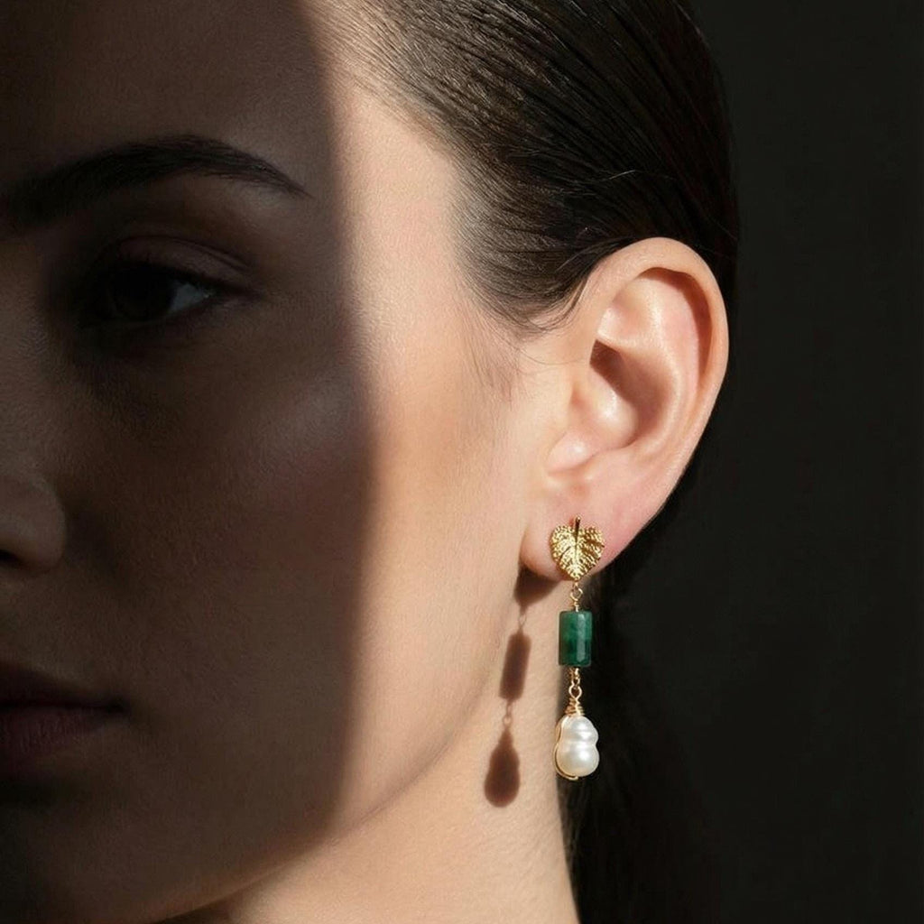 Natural Emerald Earrings, Freshwater Pearl drop earrings, Dainty Earrings, Stacking Earrings, Gemstone Earrings, May Birthstone, Hers Gift