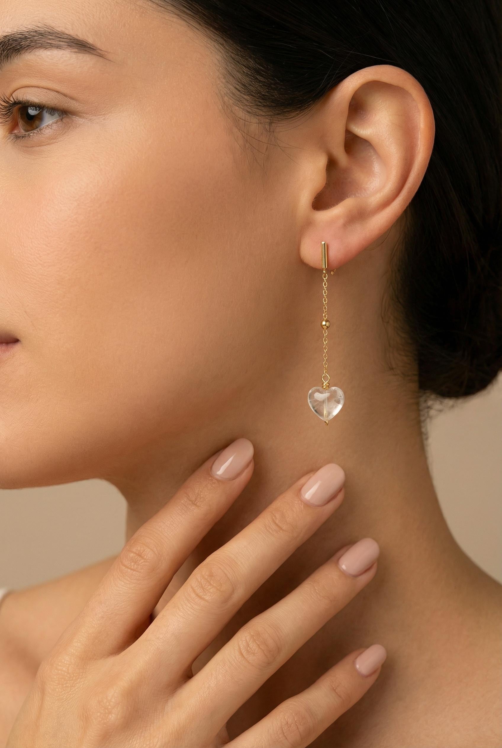 Dainty Earrings, Hearts earrings, Chain Minimalist Earring, Dropping Earrings, Dainty Gold Earrings, Drop Clear Quartz Earrings For her