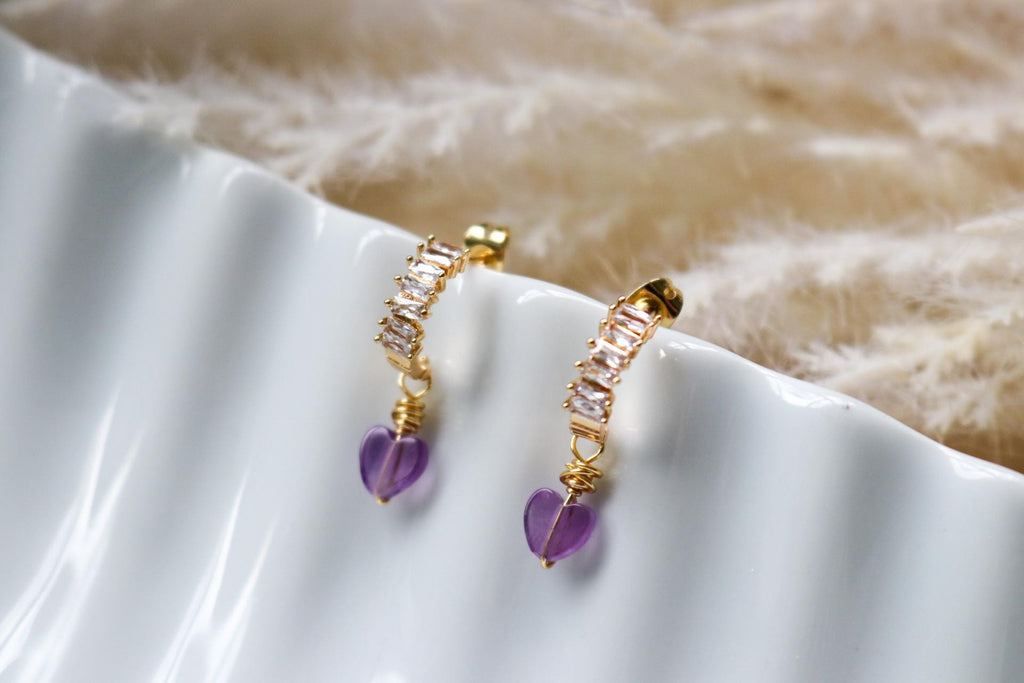 Amethyst Heart Earrings, Minimalistic earrings, Valentins earrings, gifted birthday, bridesmaide gift, anniversary giftful, giftful earrings