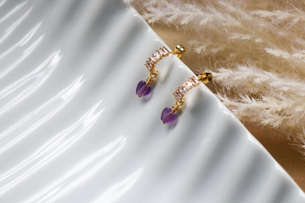 Amethyst Heart Earrings, Minimalistic earrings, Valentins earrings, gifted birthday, bridesmaide gift, anniversary giftful, giftful earrings