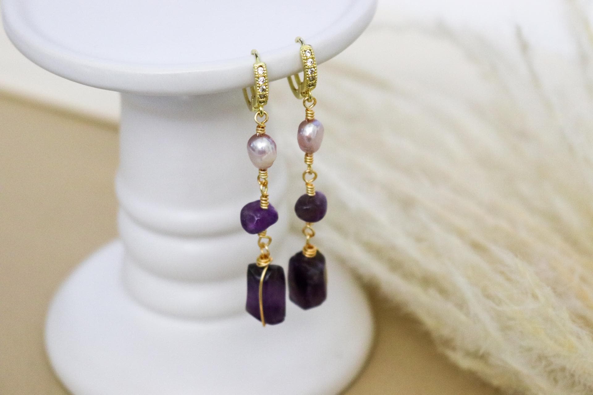 Amethyst & Pearl Hoop Earrings, Dainty Hoop Earring, Natural Freshwater Pearl Earring, Dainty gold earrings, Earring Minimalistic, Hers Gift