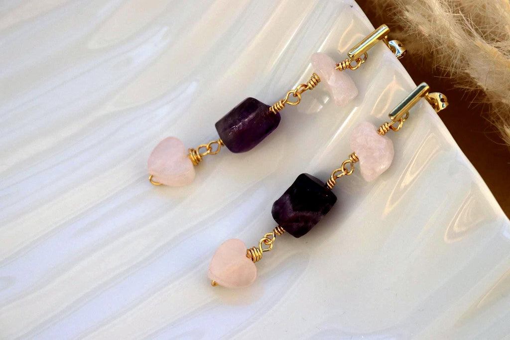 Dainty Amethyst drop and Raw Rose Quartz Earring, Amethyst February Birthstone, Dainty gold Earrings, Earring Minimalistic Huggie Hers Gift