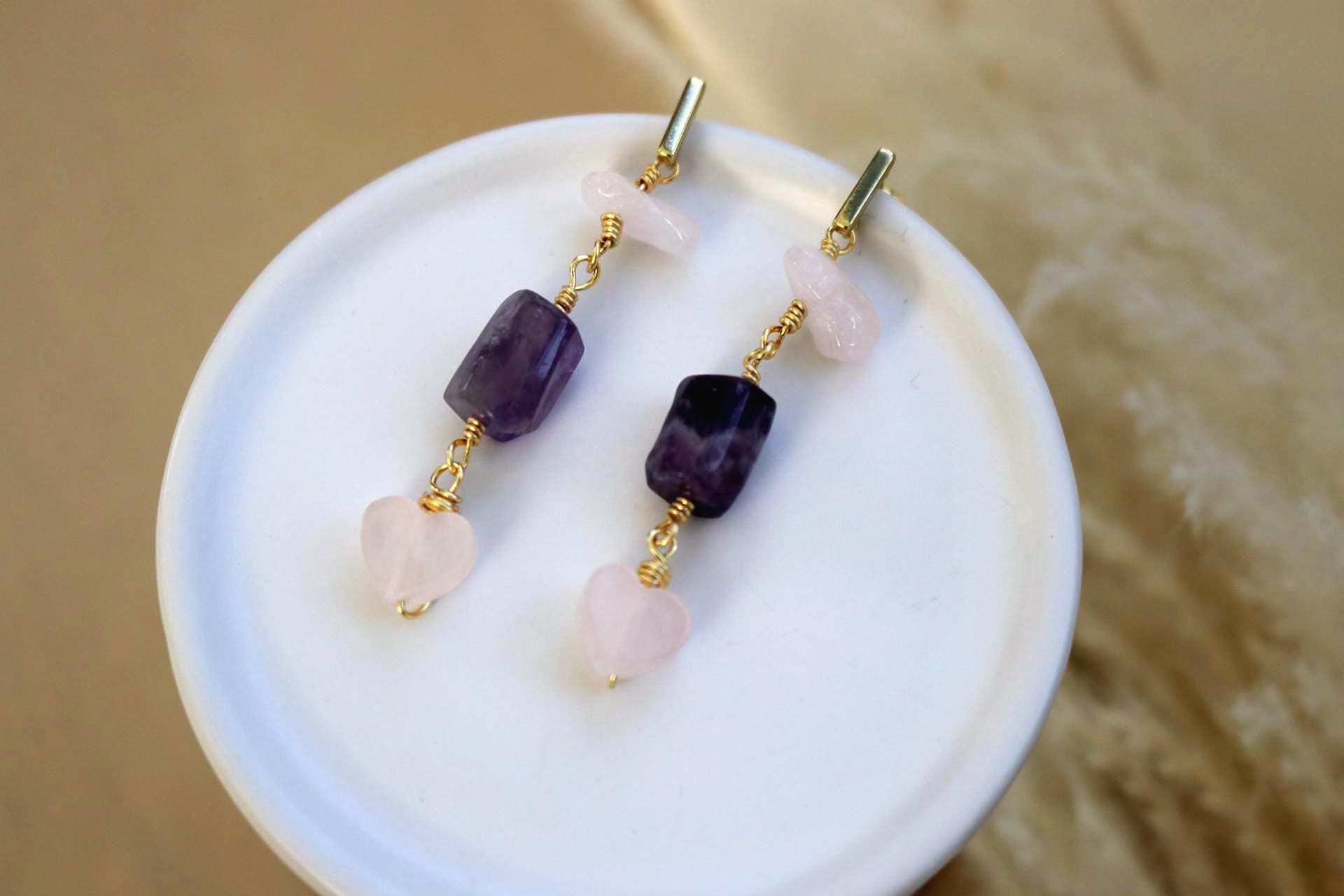 Dainty Amethyst drop and Raw Rose Quartz Earring, Amethyst February Birthstone, Dainty gold Earrings, Earring Minimalistic Huggie Hers Gift