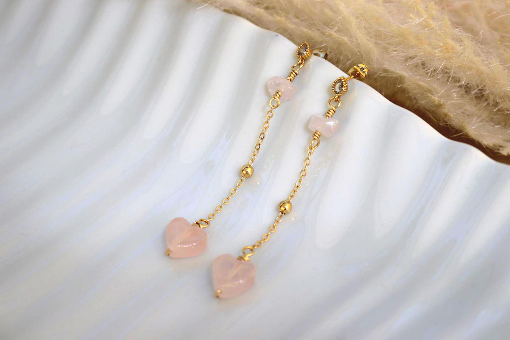 Natural Rose Quartz Dangle Earrings, Minimaliste Earrings, Stacking Earrings, Dainty Earrings, Chain Earrings, Birthstone Huggies, Hers Gift