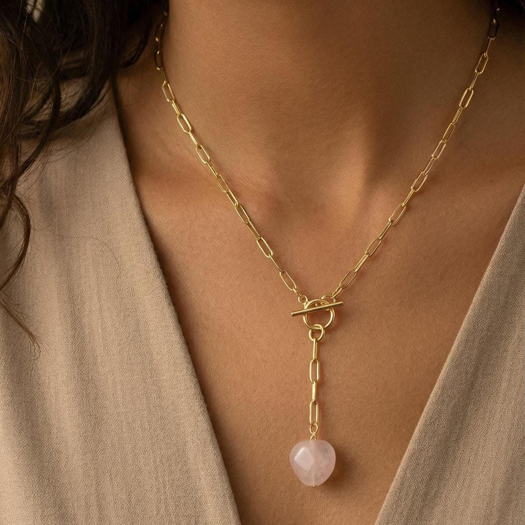 Dainty Rose quartz necklace, Thin Gold Chain, Layered Chains, Minimalist necklace, Genuine rose quartz, Toggle necklace,Gold Paperclip Chain