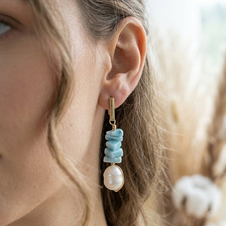 Larimar and Freshwater pearl earrings