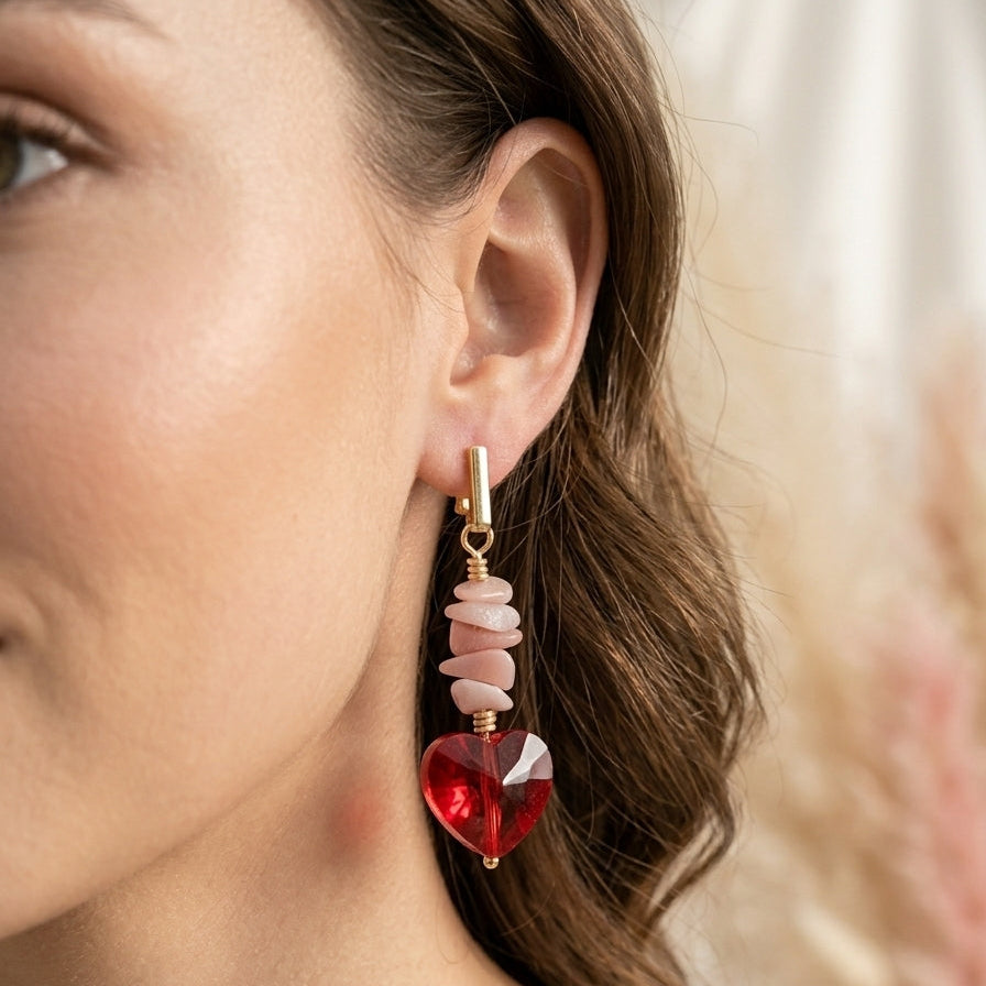 Pink Opal and Heart Crystal Earrings