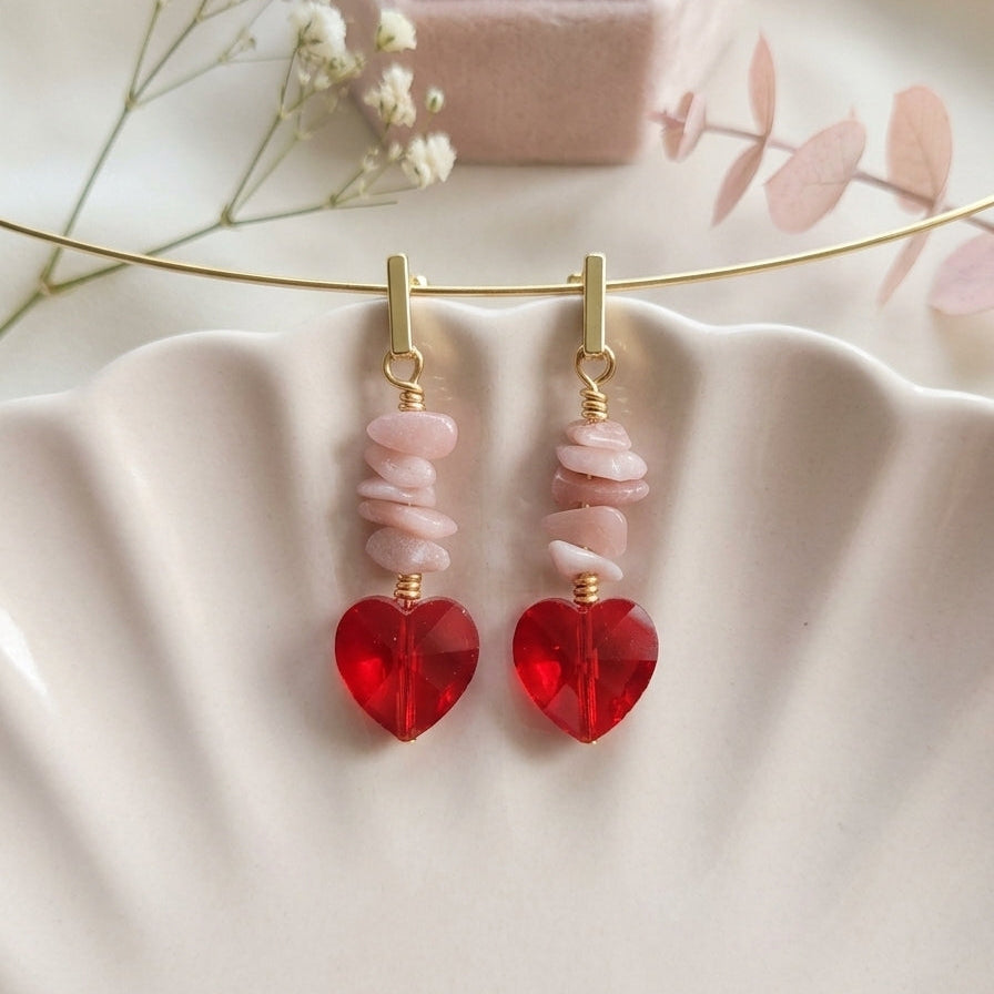 Pink Opal and Heart Crystal Earrings