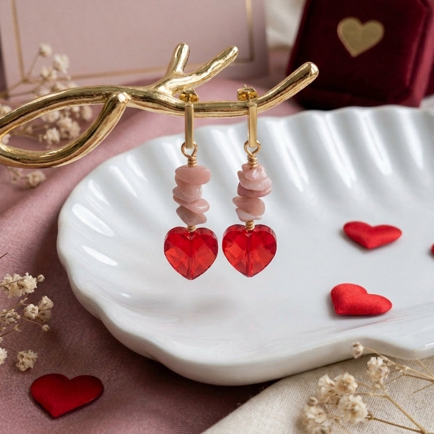 Pink Opal and Heart Crystal Earrings