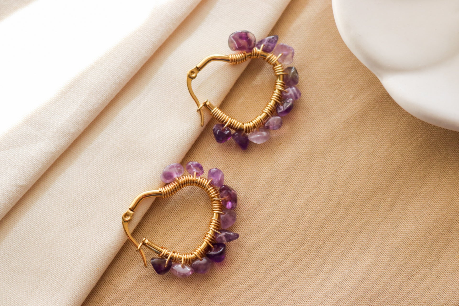 Amethyst heart hoop earrings, Gemstone Hoops Earrings, Heart hoop earrings