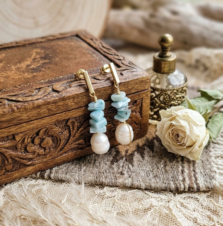 Larimar and Freshwater pearl earrings
