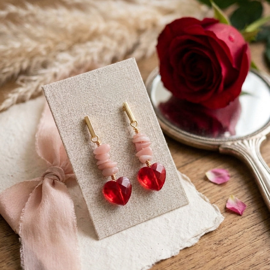 Pink Opal and Heart Crystal Earrings