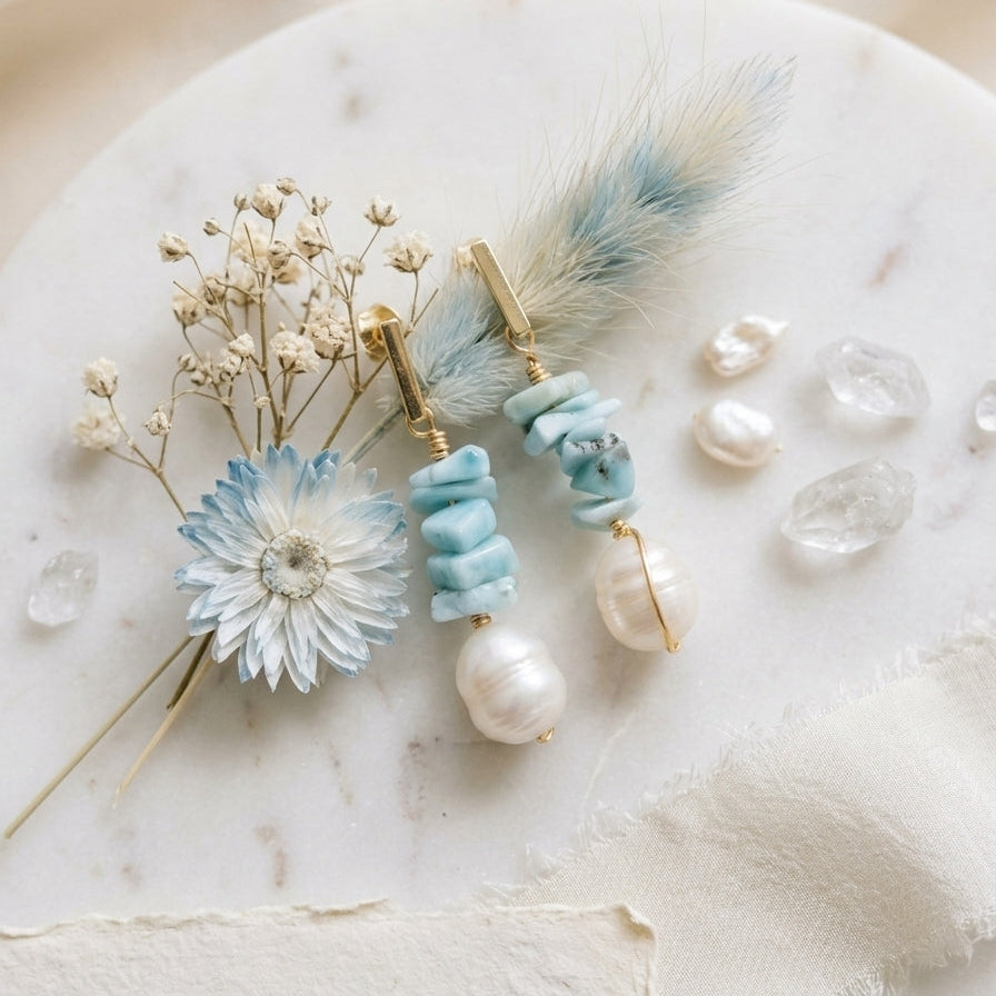 Larimar and Freshwater pearl earrings